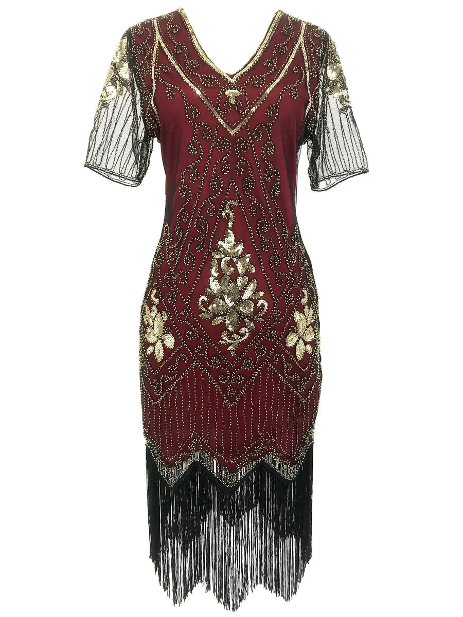 Embellished Beaded Sequin Dress Robe Vestidos Women 1920s Flapper Dress Vintage V Neck Butterfly Sleeve Long Great Gatsby Dress