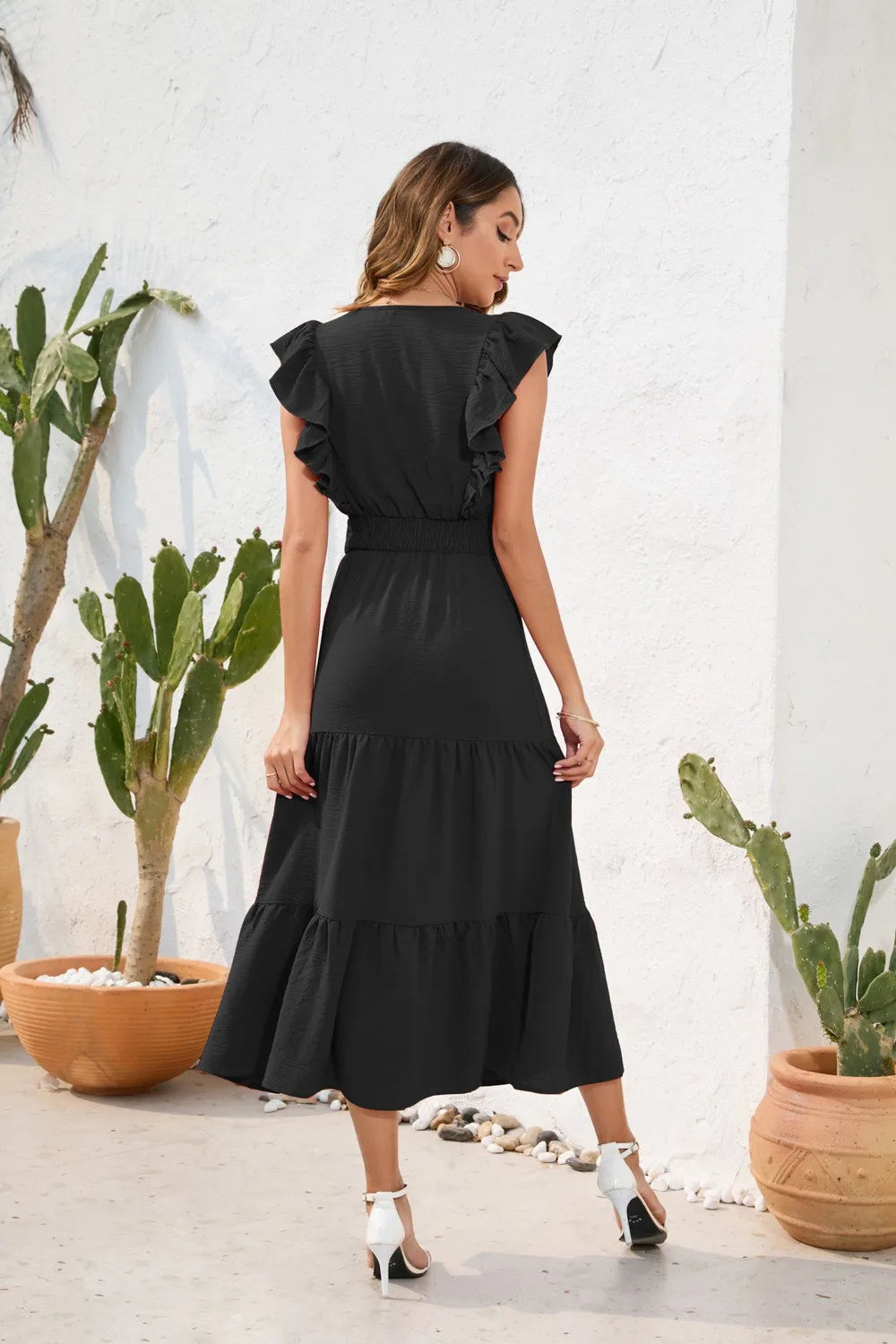 Summer Woman Dress V Neck Sleeveless Red Dresses High Waist A Line Green Maxi Dress Tiered Skirt Boho Black Casual Dress
