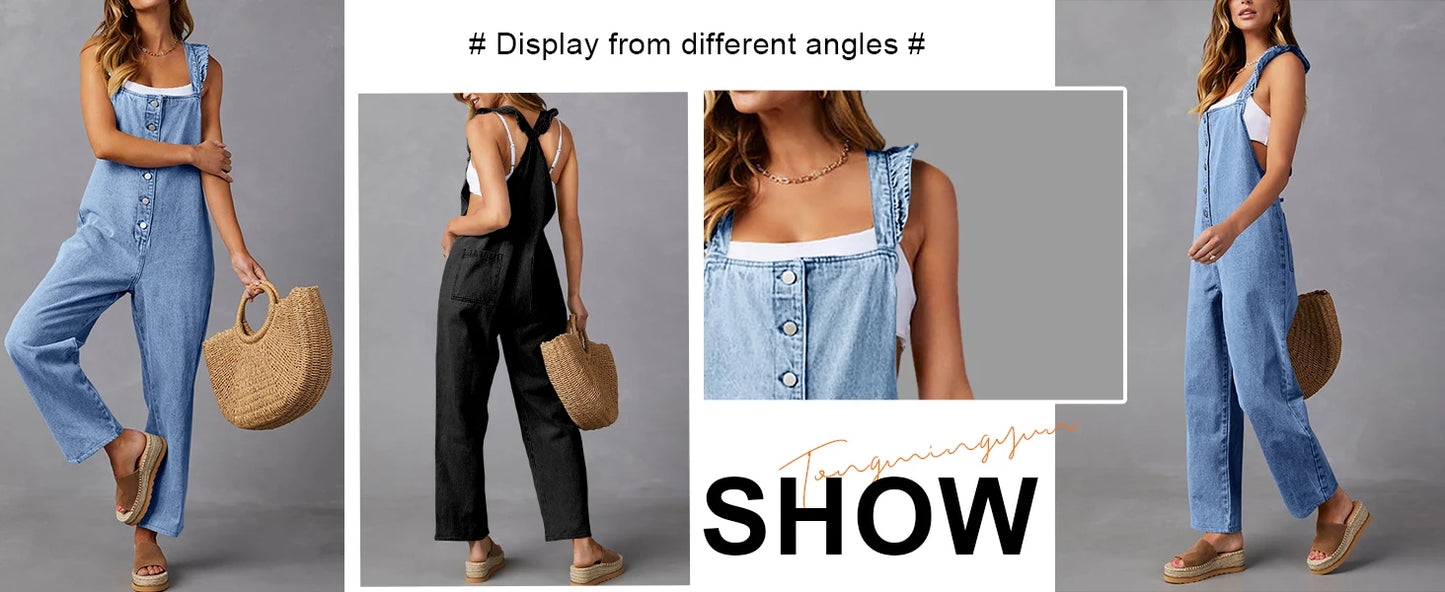 Women's Straight Leg Denim Jumpsuits Ruffle Sleeve Button Down High Waist Straight Leg Jeans Long Denim Rompers With Pockets