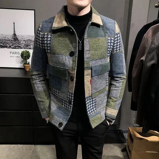 2023 New Men's Fashion Slim Fit Casual Jacket with Geometric Color Block Patchwork, Suitable for All Seasons