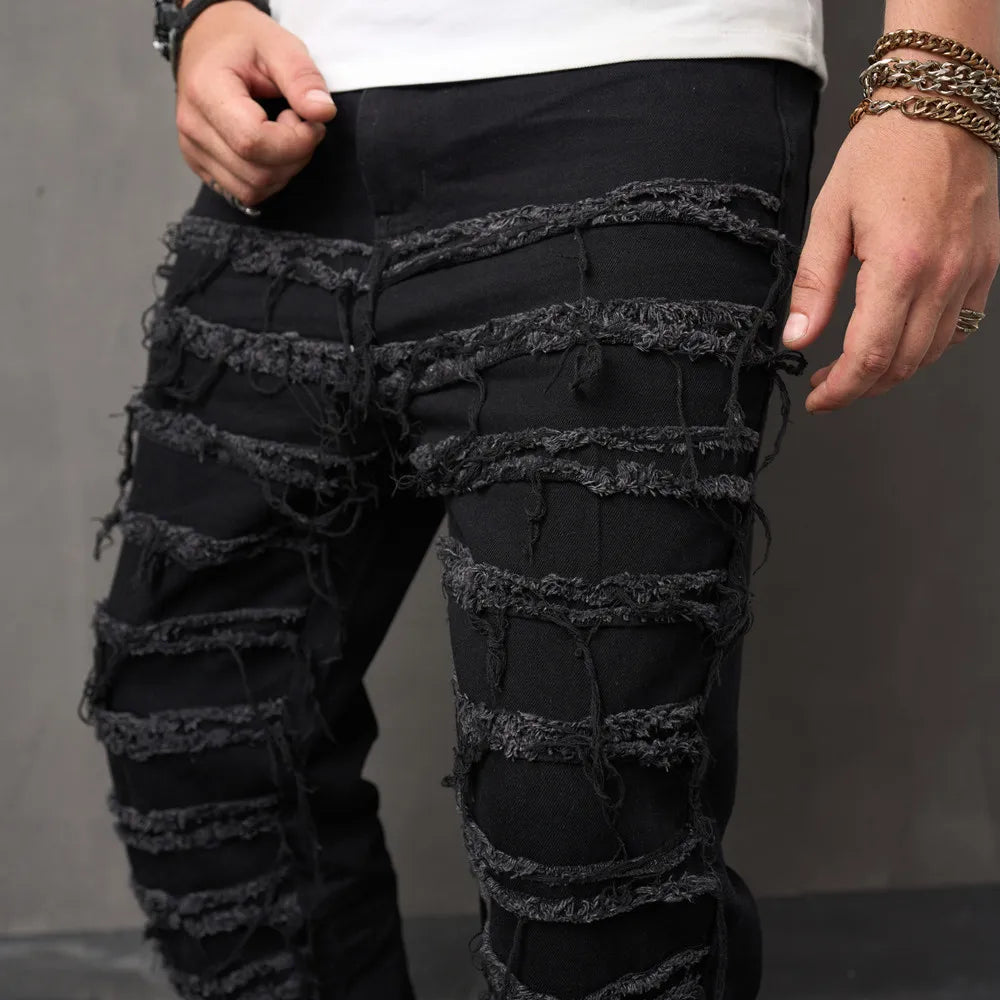 Men's stacked Spliced Jeans Hip Hop Straight Denim Trousers Men Biker Jeans Streetwear Loose Male Motorcycle Denim Pants