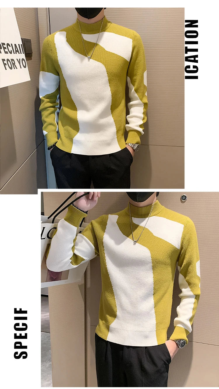 2023 Autumn/Winter Colored Half Turtleneck Sweater Men Long Sleeve Slim Fit Casual Pullover Social Underlying Knitwear Tops