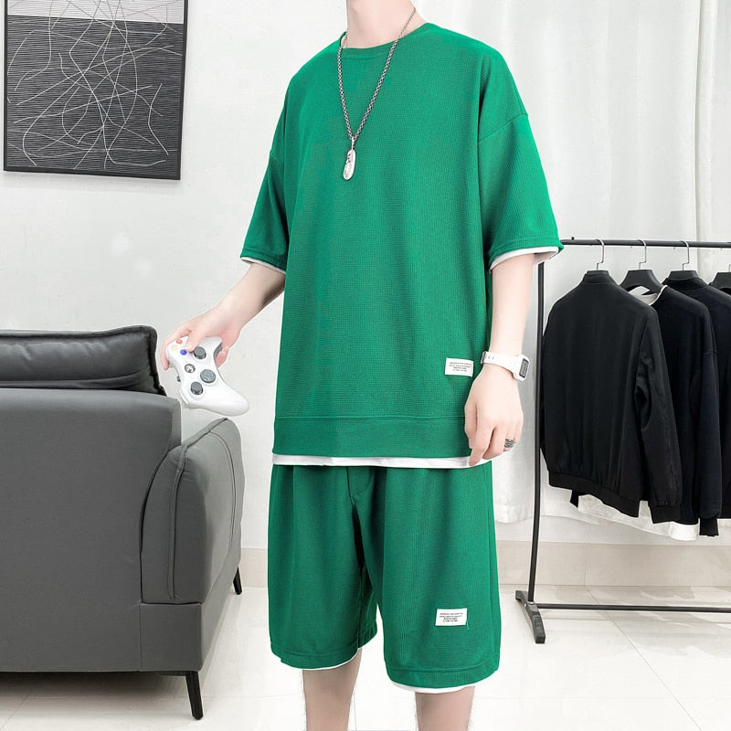 Legible Summer Solid Shorts Sets Men Casual Two Pieces Short Sleeve T Shirts and Short Pants Man