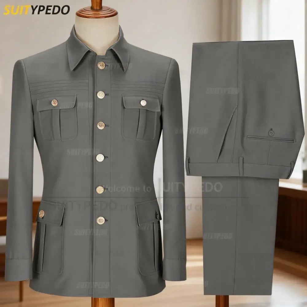 Neu eingetroffen Elegante 2-teilige Herrenanzüge mit schmaler Passform, modische Hochzeitsanzüge mit vier Taschen (Sakko + Hose) Goldknopf-Tuxedos