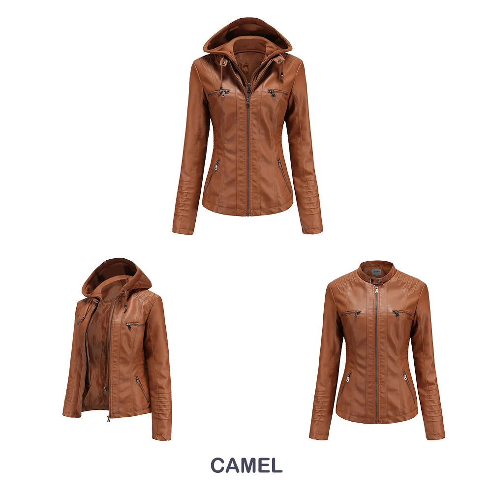 2024 Women's Hooded Leather Jacket 2 Pieces Set with Detachable Large Leather Jacket for Women Spring  Autumn PU Leather Jacket