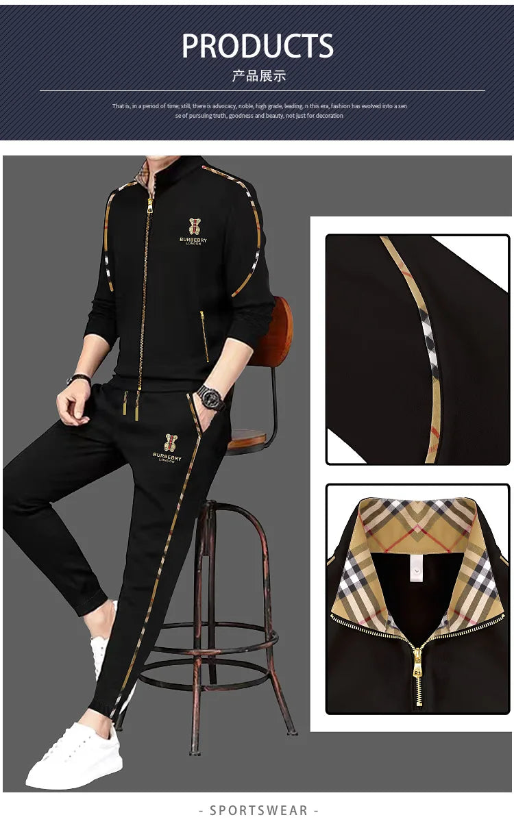 Men's Luxury Sports Suit Cardigan Zipper Sweatshirt Sweatpants Suit Autumn Winter Fashion Stand Up Collar Cotton Casual Clothing