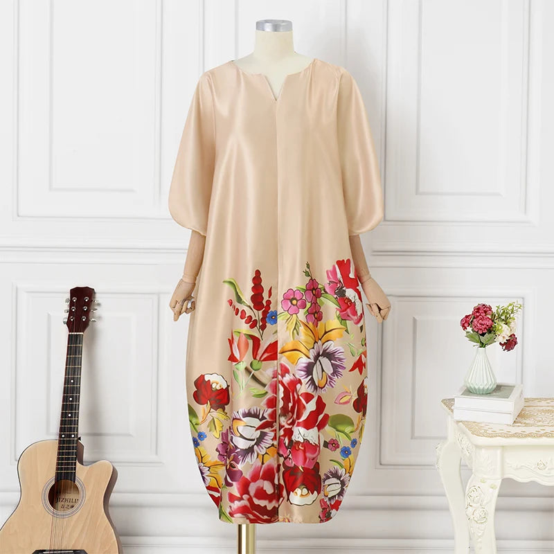 Plus Size 5XL Women Bohemian Satin Silk Maxi Long Dress 2025 Summer Sundress Elegant V Neck Vestidos Casual Loose Robe Femme