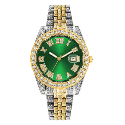 Luxury Hip Hop Stainless Steel Gold Color Calendar Watch For Men Iced Out Paved Rhinestones Men Watch Reloj Hombre