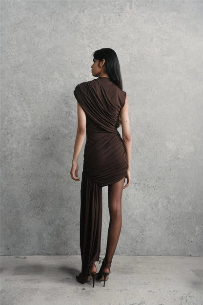 Mozision Irregular Draped Ruched Sexy Mini Dress For Women Elegant Turtleneck Sleeveless High Waist Pleated Club Party Dress