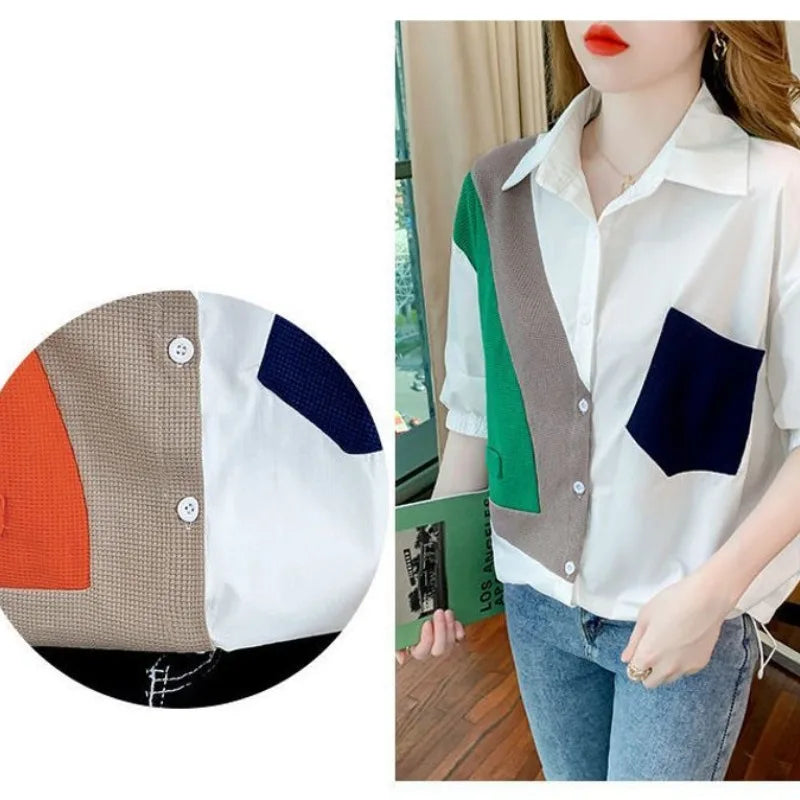 Women's Spring Autumnturn-down Collar Button Solid Patchwork Pockets Long Sleeve Cardigan Shirt Coats Casual Elegant Tops