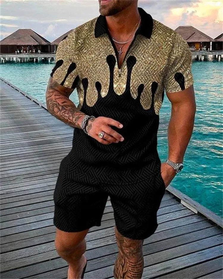 Summer New Trend Men's Tracksuit Casual Zipper Collar 3d Print Polo Shirt Suit 2 Pcs Set Colorful Streetwear Clothing Oversize