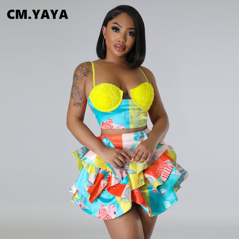 CM.YAYA Women&#39;s Set Sequined Crop Top and Starfish Cascading Ruffles Skirt Shorts 2023 Beach Outfit Two 2 Piece Set Tracksuit