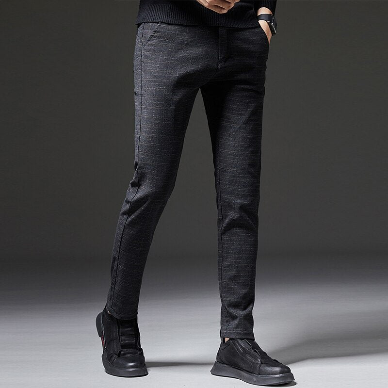 2022 Winter Men&#39;s Fleece Liner Thicken Warm Pants Trendy Elegant Business Casual Plaid Stripe Cotton Slim Fit Trousers New