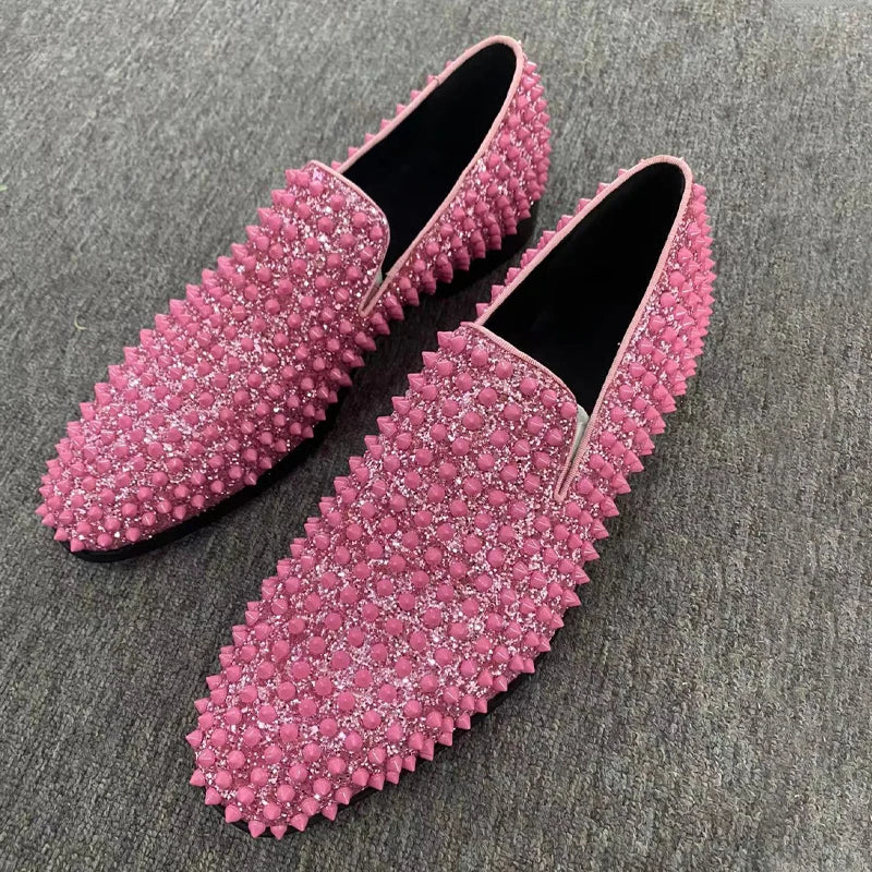 Pink Glitter Rivet Loafers Bulingbuling Men’s Shoes Pointed Head Slip On Calfskin Leisure Wedding Dress Business Single Shoes