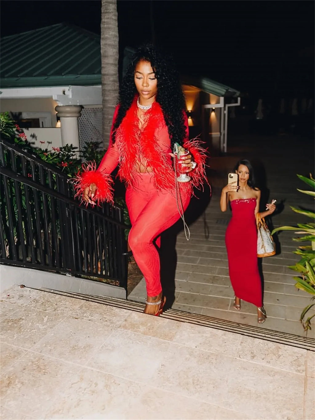 CM.YAYA Fashion Mesh See Though Women's Set Feather Side Long Sleeve Crop Top and Legging Pants  Sexy Two 2Piece Sets Outfit
