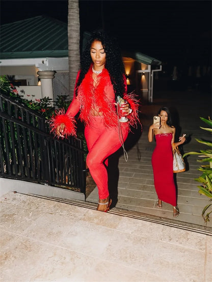 CM.YAYA Fashion Mesh See Though Women's Set Feather Side Long Sleeve Crop Top and Legging Pants  Sexy Two 2Piece Sets Outfit
