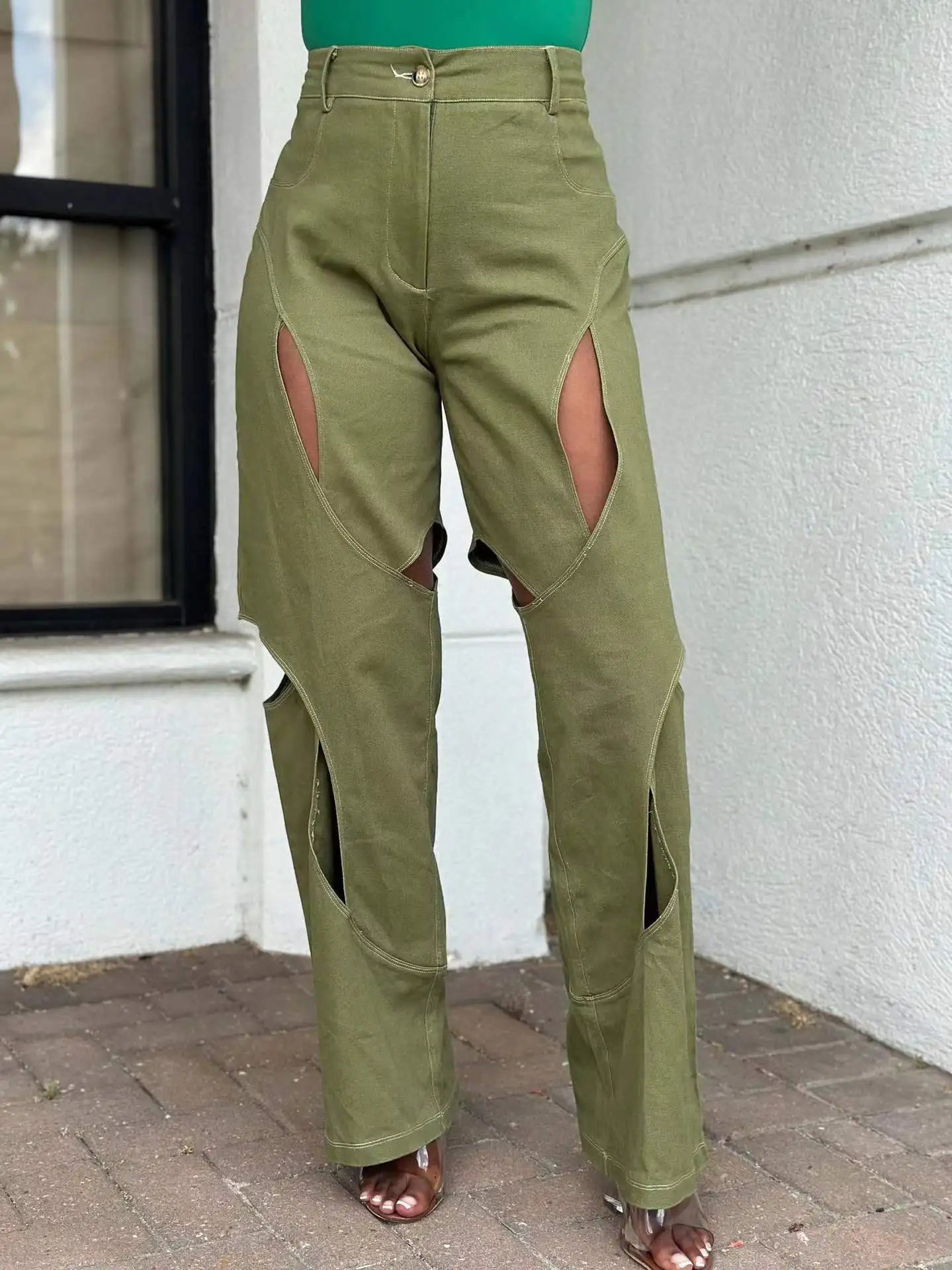 Blue Green Contrast Color Patchwork Wide Leg Trousers for Women High Waist Button Zipper Closure Hollow Out Straight Leg Pants