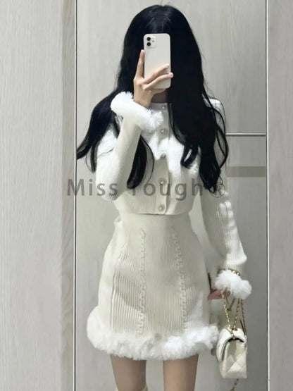 White Sweet Kawaii Two Piece Set Women Korean Fashion Party Mini Skirt Set Female Vintage Elegant Slim Skirt Suit  Autumn