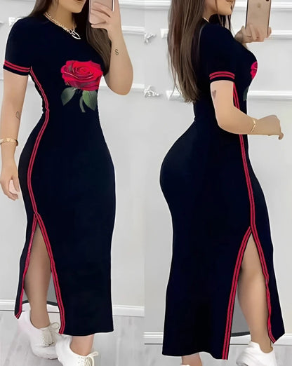 Womens Dresses  Summer Fashion Striped Rose Print Side Slit Casual O-Neck Short Sleeve Skinny Daily A Line Long Dress