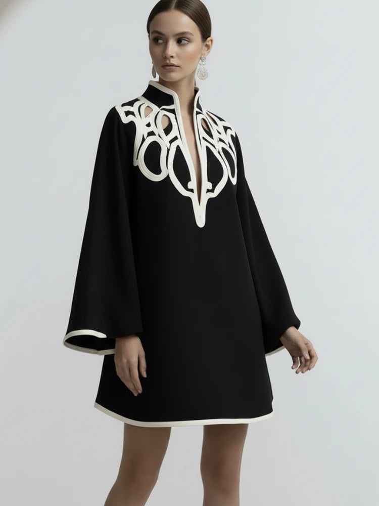 Freeacy Women's Hollowed Stand Collar Loose Mini Dress 2026 Spring New Contrast Color Long Sleeves Vacation Party Dresses