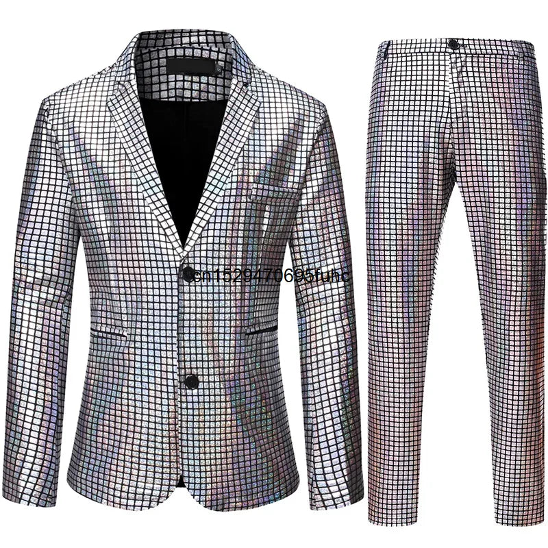 Mens Stage Prom Suits Shiny Rainbow Plaid Sequin Jacket Pants Men Dance Festival Christmas Halloween Party Costume Homme