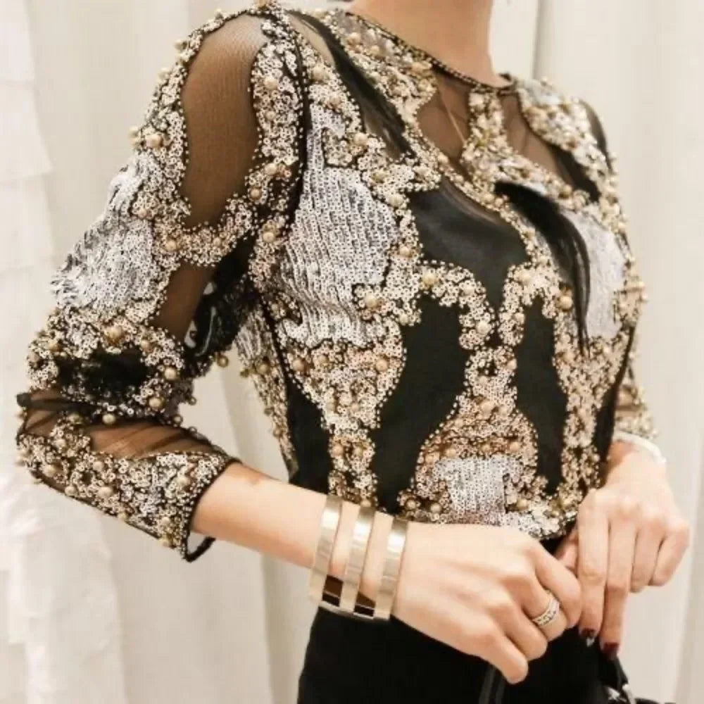 Casual Elegant Party Club Stage Show Luxury Sequins Streetwear Vintage Shirts for Women Y2k Top Fashion Clothes Women Clothing