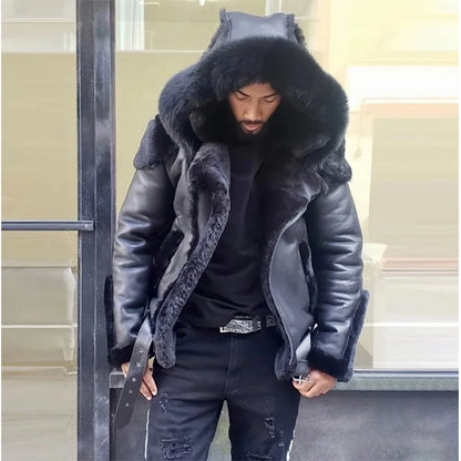 New Men's Leather Coat Winter Large Size Jacket with Fur Collar and Long Sleeve Wool Lining Casual Men's Jacket