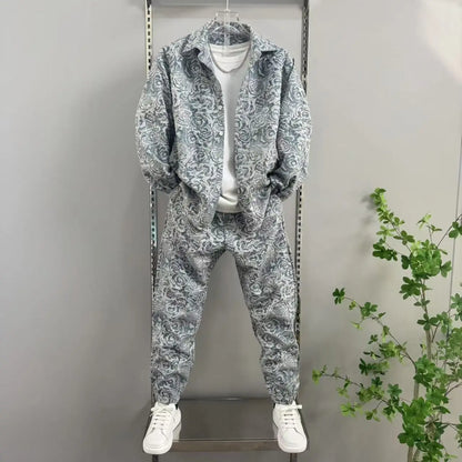 New Men's casual fashion two-piece pants set, sporty lapel jacquard shirt, long-sleeved spring and autumn set