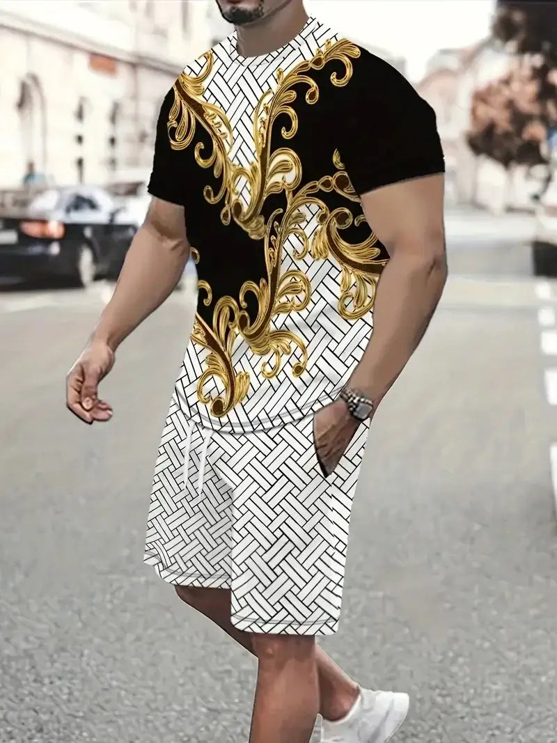 Denim Grafik T-Shirt und Shorts 2-teiliges Set 2025 Übergrößen Herrenbekleidung Lässige Loose Shorts mit Kordelzug in der Taille Kurzarm-Oberteil