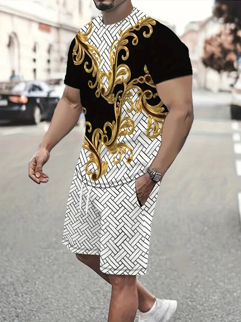 Denim Graphic T-shirt And Shorts 2-piece Set 2025 Plus Size Men's Clothing Casual Loose Drawstring Waist Shorts Short Sleeve Top