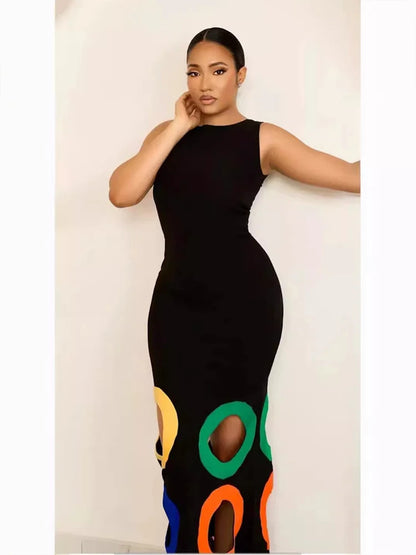 Women Hollow Out Tank Dress Colorful Circle Slim Round Neck Elegant Casual High Street Bodycon Long Dress for Women