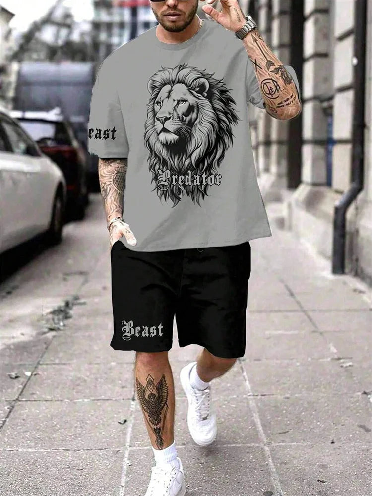 2024 New Crew Neck Short Sleeve T-shirt Fashion Shorts Set 3D Lion Print Short Sleeve Shorts 2-piece Men's Summer Sports Set
