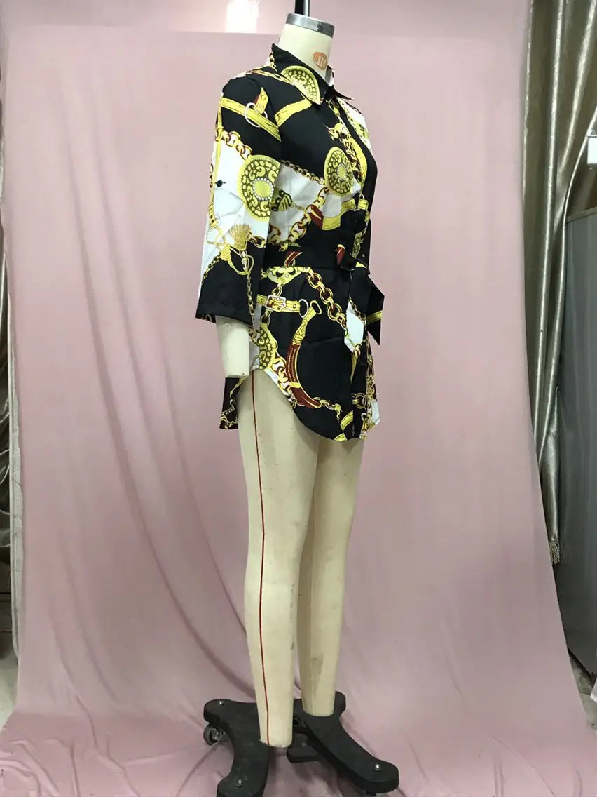 2024 Autumn New Women's Dress Fashionable Sexy Gold Chain Slim Fit Printed Single Breasted Lace Up Waist Cinching Short Skirt