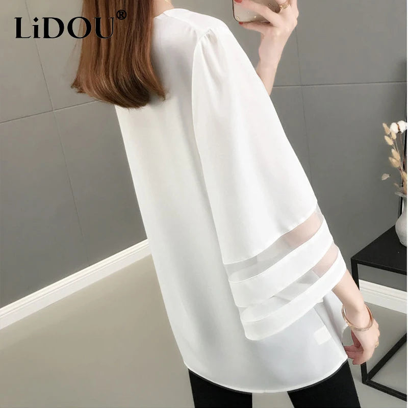 Summer Solid V-neck Mesh Patchwork Loose Casual Shirt Top Women Half Sleeve Oversized Fashion Blusa Simple Pullover Blouse