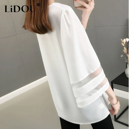Summer Solid V-neck Mesh Patchwork Loose Casual Shirt Top Women Half Sleeve Oversized Fashion Blusa Simple Pullover Blouse