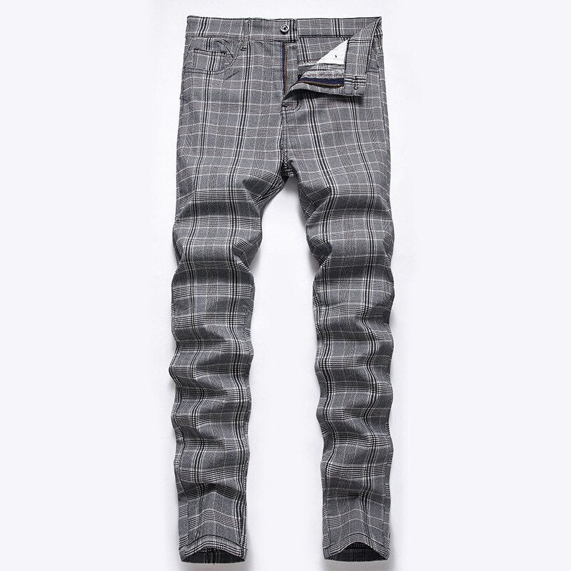 Original Design Men&#39;s Elastic Jeans British Style Personality Digital Printing Colour Plaid Middle Waist Leisure Slim Pants