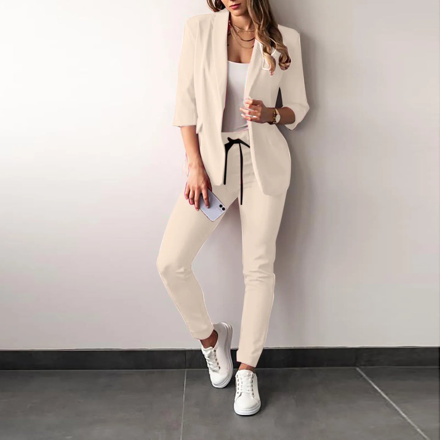 Women's Monochrome Casual Business Suit Temperament Commuting Pants Drawstring Elastic Waist Fashion Slit Suit Two-piece Set