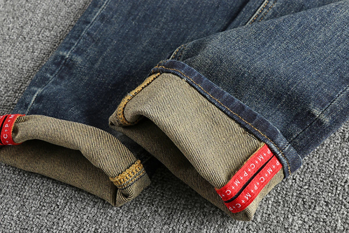 Waist Printed Retro Denim Jeans Men Clothes Cargo Pants Washed Distressed Trousers Roll Up Fashion Casual Wear Straight Oversize