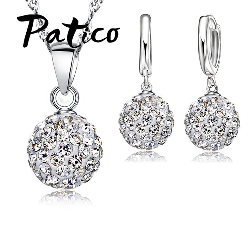 Hot New Jewelry Sets 925 Sterling Silver Austrian Crystal Pave Disco Ball Lever Back Earring Pendant Necklace Woman