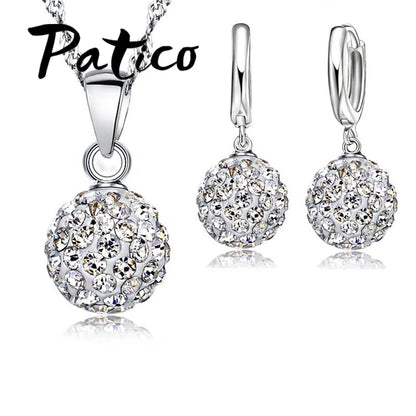Hot New Jewelry Sets 925 Sterling Silver Austrian Crystal Pave Disco Ball Lever Back Earring Pendant Necklace Woman