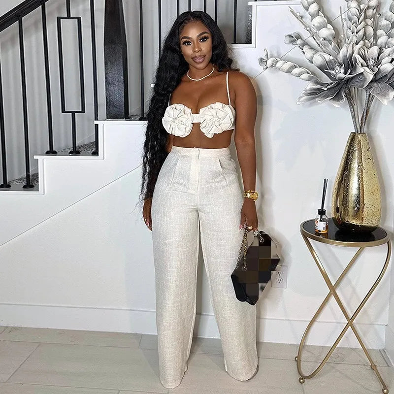 Joskaa Elegant 2 Piece Sets Women Sexy 3D Flower Crop Camisole and Straight Leg Pants Matching  Summer Vacation Streetwear