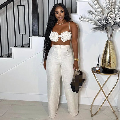 Joskaa Elegant 2 Piece Sets Women Sexy 3D Flower Crop Camisole and Straight Leg Pants Matching  Summer Vacation Streetwear