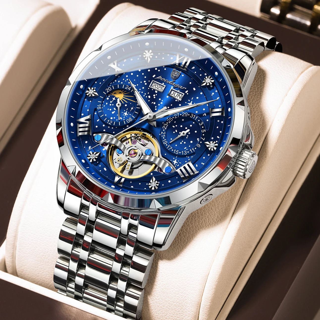 POEDAGAR Top Original Men Clock Automatic Mechanical Stainless Steel Men's Watches Calendar Hollow Tourbillon Man Watch Male+Box