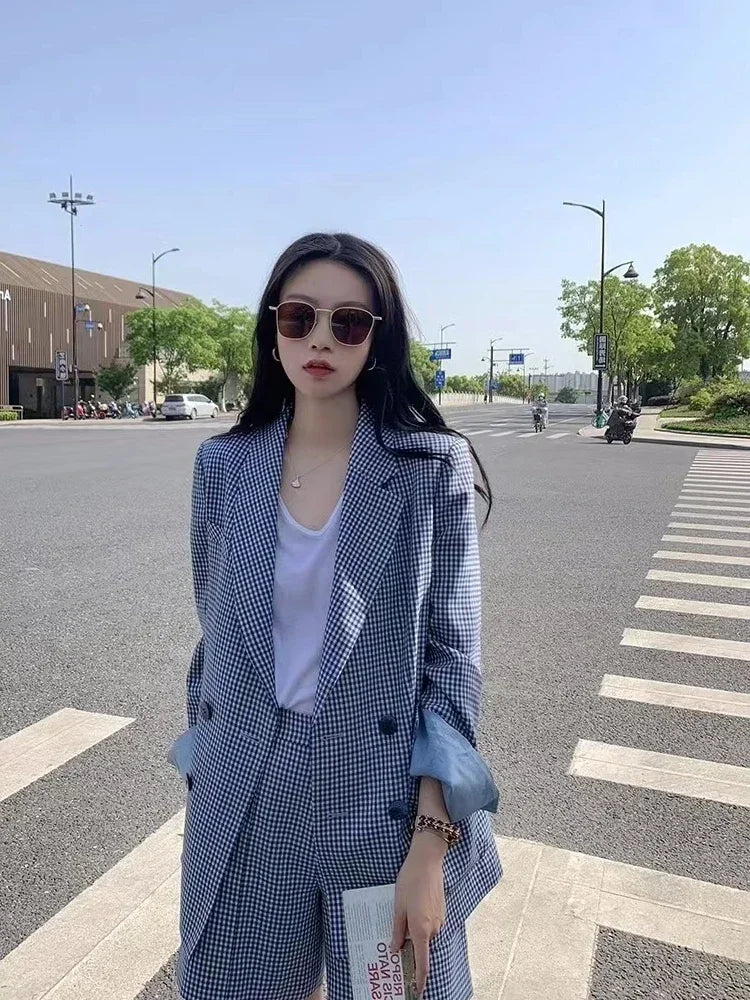Korean Fashion Two Pieces Blazer and Shorts Set for Women Long Sleeve Blue Plaid Jacket Office Lady Casual 2 Pieces Spring