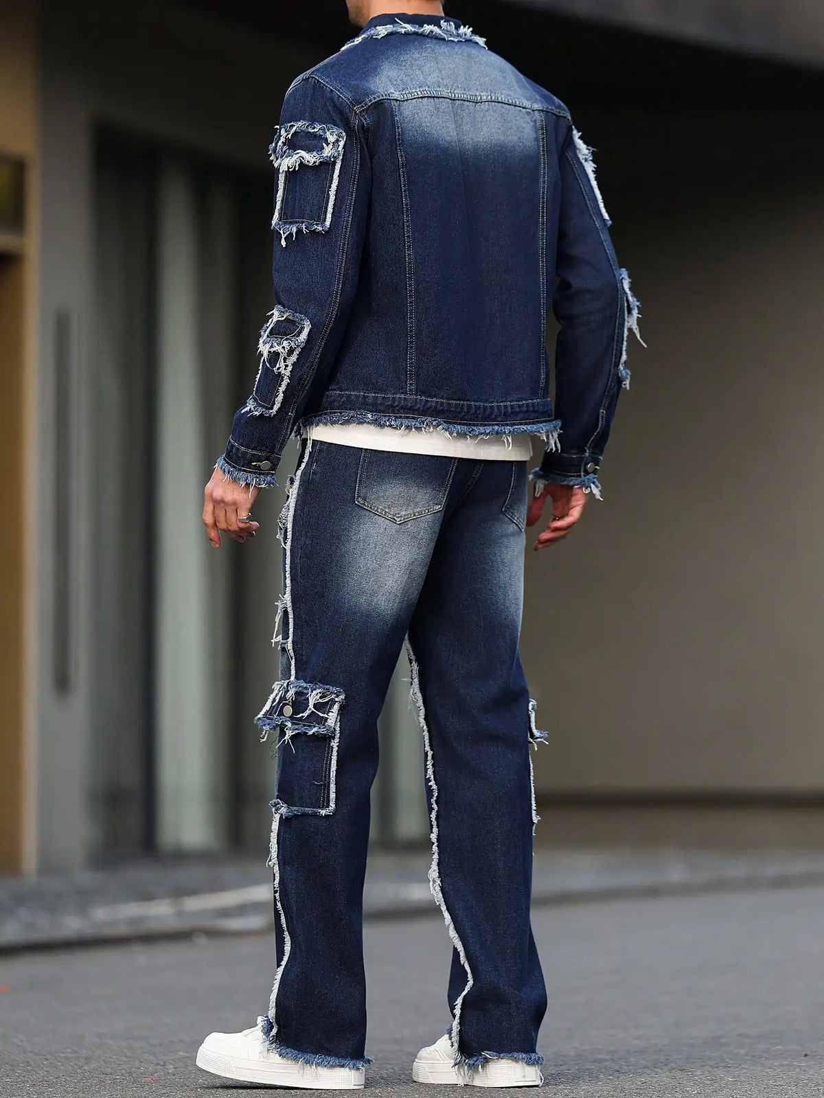Herren-Frühlings- und Herbst-Denim-Anzug, Multi-Pocket-Design, weite, gerade Hosenform