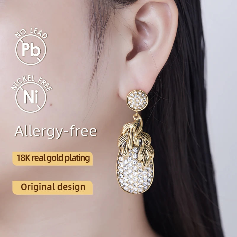 LEWIS SEGAL Leaf Multi-Diamond Earrings for Women Independent Girl Luxury Medieval Style Fine Jewelry Elegant 18K Gold Plated