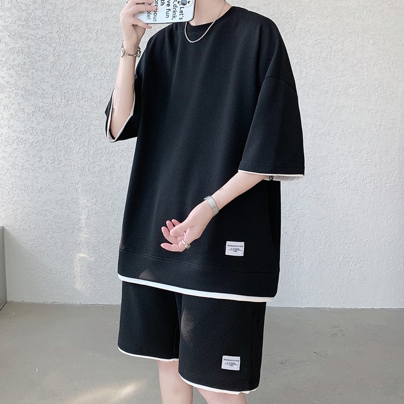 Legible Summer Solid Shorts Sets Men Casual Two Pieces Short Sleeve T Shirts and Short Pants Man