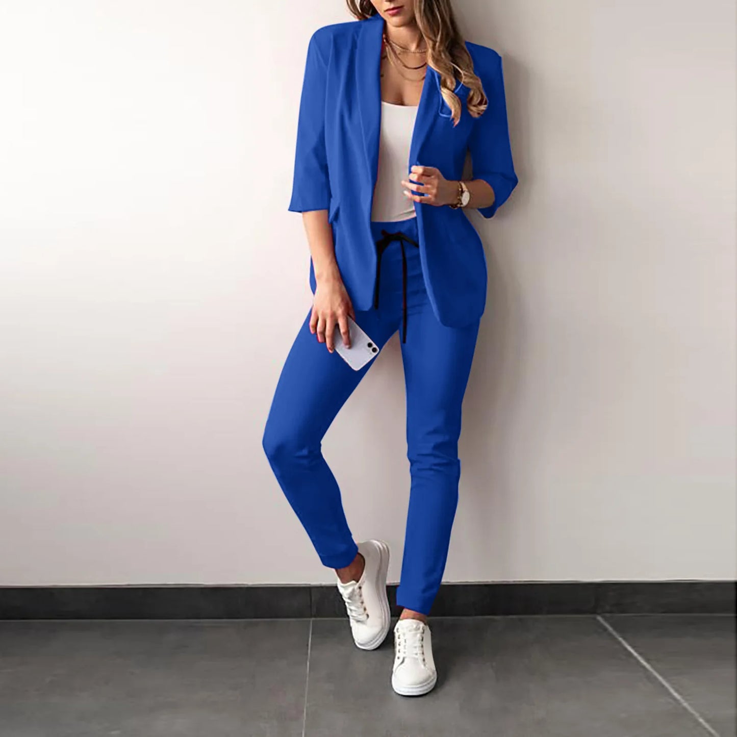 Women's Monochrome Casual Business Suit Temperament Commuting Pants Drawstring Elastic Waist Fashion Slit Suit Two-piece Set