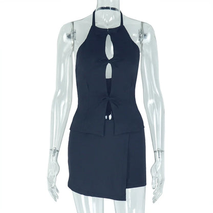 Stylish Lady White Hollow Out 2 Piece Set Women Halter Backless Tops and Irregular Mini Skirts Suits  Summer Elegant Outfits