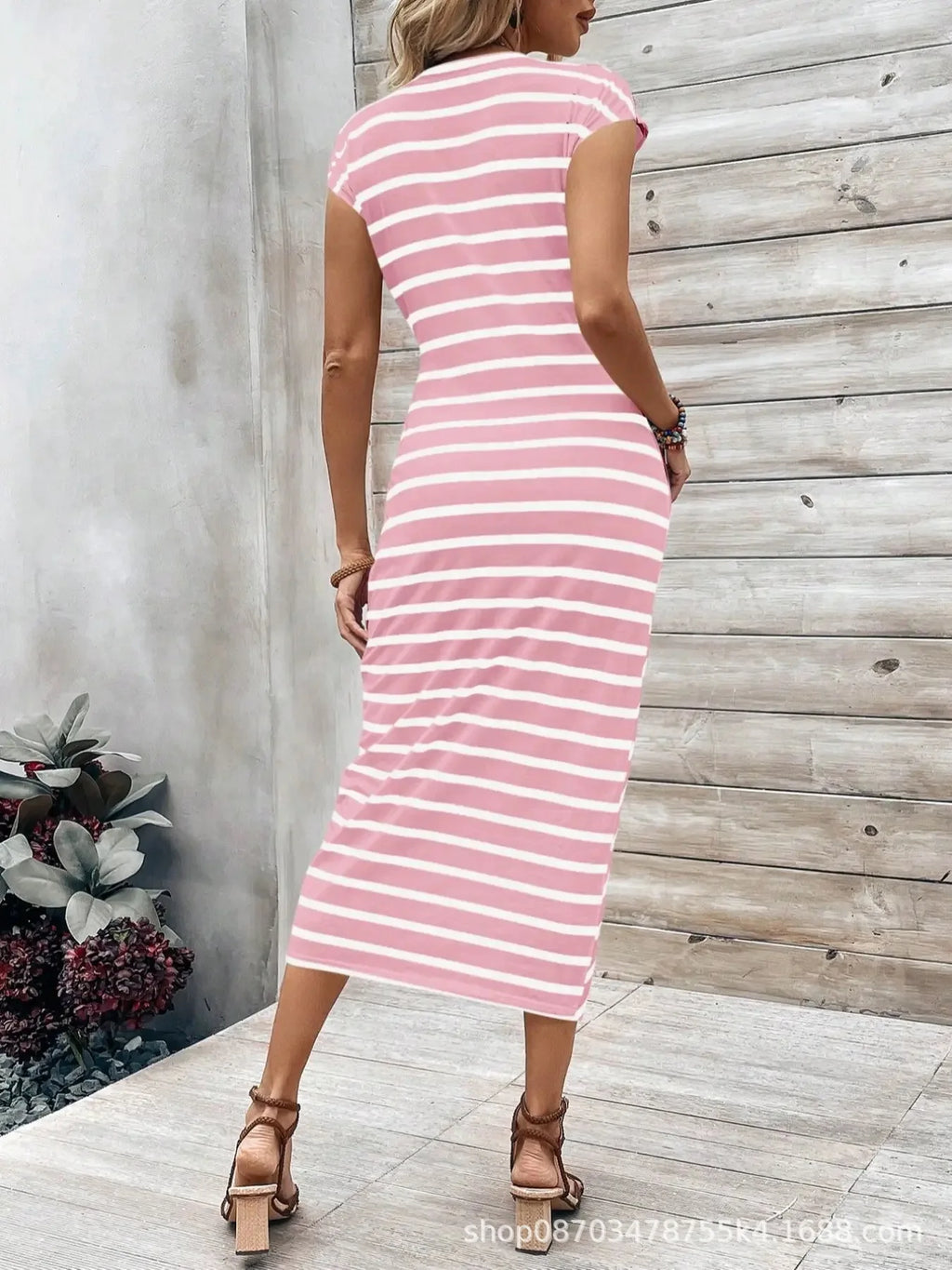 Elegant And Elegant Waist Lace Up Striped Round Neck Short Sleeve Long Dress Summer Party Bodycon Women's Dresses